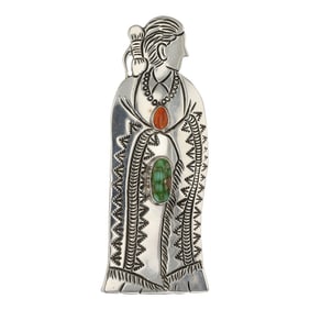 Lee Charley Award Winning Navajo Artist Turquoise & Spiny Oyster Maiden Pin