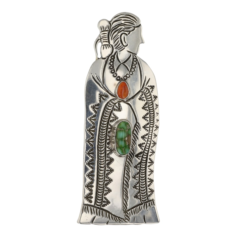Lee Charley Award Winning Navajo Artist Turquoise & Spiny Oyster Maiden Pin: Sterling Silver | Genuine Turquoise & Spiny Oyster | Lee Charley Award Winning Navajo Artist Turquoise & Spiny Oyster Maiden Pin | Navajo Native American Southwest Indian Jewelry | Good (no breaks or 