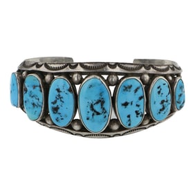 Vintage Navajo Sleeping Beauty Turquoise Stamp-Work Heavy Wires Graduated Cuff Bracelet