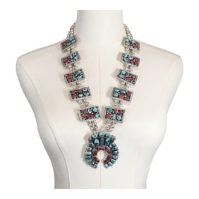 Navajo Turquoise & Coral Squash Blosom Necklace
