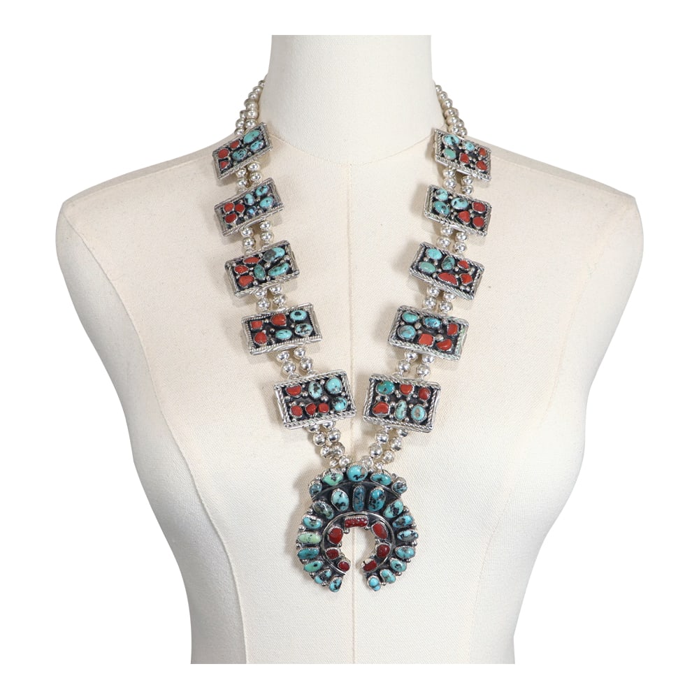 Navajo Turquoise & Coral Squash Blosom Necklace: Sterling Silver | Genuine Turquoise & Coral | Navajo Turquoise & Coral Squash Blosom Necklace | Navajo Native American Southwest Indian Jewelry | Good (no breaks or damages) | Approximate Weight: 202