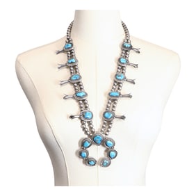 Vintage Navajo Ithaca Peak Turquoise Squash Blossom Necklace