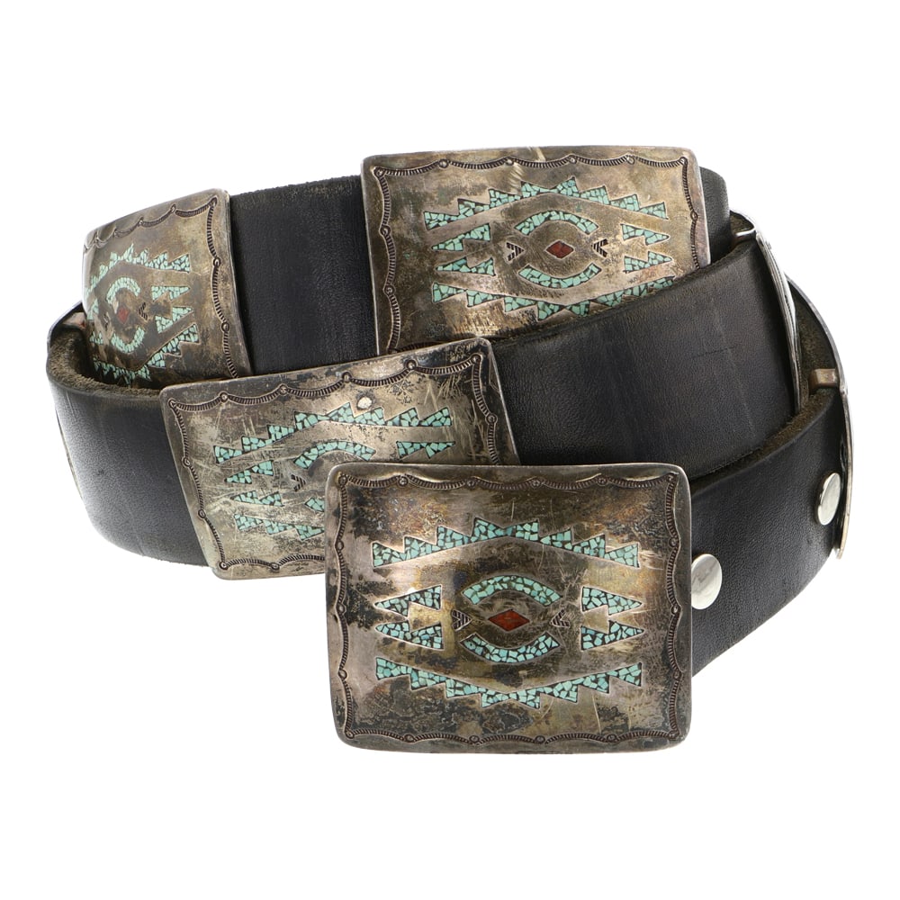 Thomas Singer (Tommy Singer)  (1940-2014) Navajo Early Work Turquoise & Coral Chip Inlay Concho Belt (1 of 4)