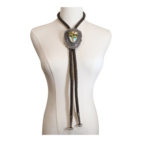 Hank Vandever Award Winning Navajo Artist Large Gem Grade Royston Turquoise Intricate bolo Tie
