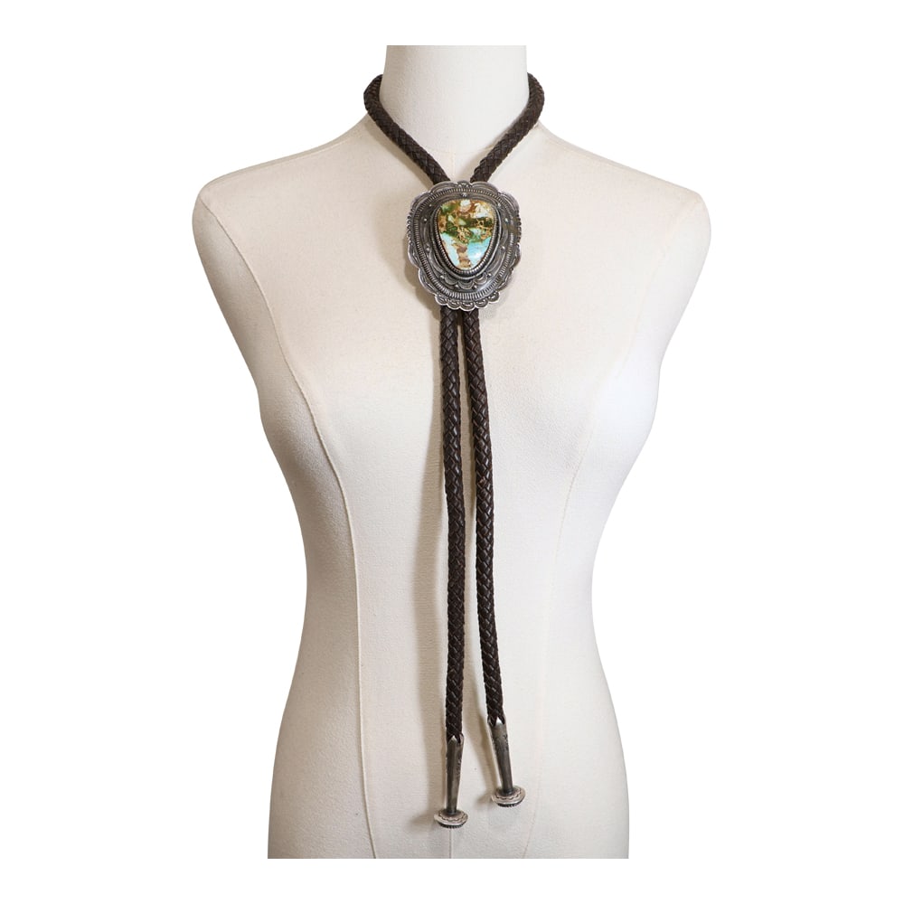 Hank Vandever Award Winning Navajo Artist Large Gem Grade Royston Turquoise Intricate bolo Tie