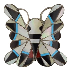 Zuni Turquoise Coral Mother of Pearl Inlay Butterfly Pin / Pendant