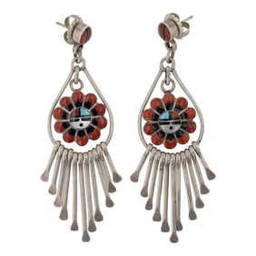 Lorena Laaht Zuni Mediterranean Coal Turquoise Mother of Pearl & Acoma Jet Inlay Chandelier Earrings