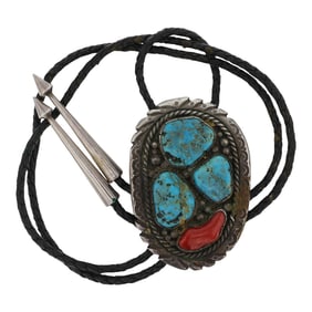 Russel McCullough Vintage Important Cherokee Artist Turquoise & Coral Bolo Tie