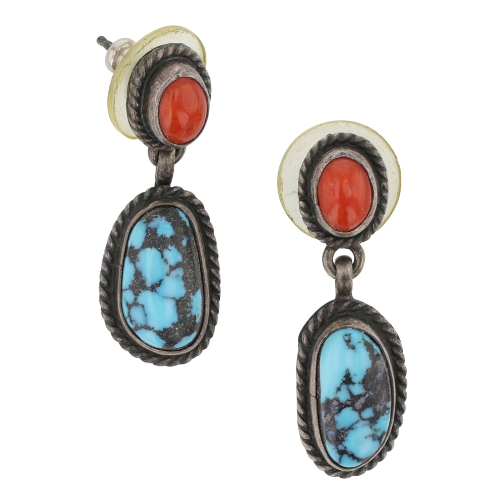 Vintage Navajo Turquoise & Coral Earrings: Sterling Silver | Genuine Turquoise & Coral | Vintage Navajo Turquoise & Coral Earrings | Navajo Native American Southwest Indian Jewelry | Good (no breaks or damages) | Approximate Weight: 6 Grams | 