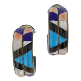 Zuni Turquoise Lapis & Shell Inlay Earrings
