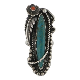 Vintage Navajo Turquoise & Coral Long Ring