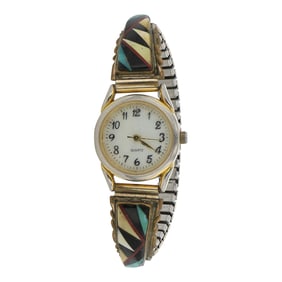 Vintage Zuni Sterling Silver & Gold Filled Turquoise Coral & Shell Inlay Watch Bracelet