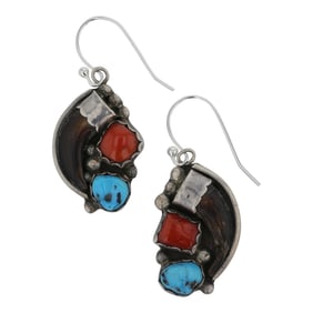 Vintage Navajo Turquoise & Coral Bear Claw Earrings