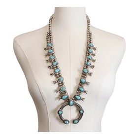 Elizabeth Marget Whitman Navajo Vintage Nevada Turquoise Squash Blossom Necklace