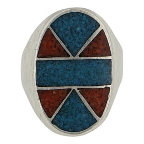 Vintage Navajo Turquoise & Coral Chip Inlay Men's Ring