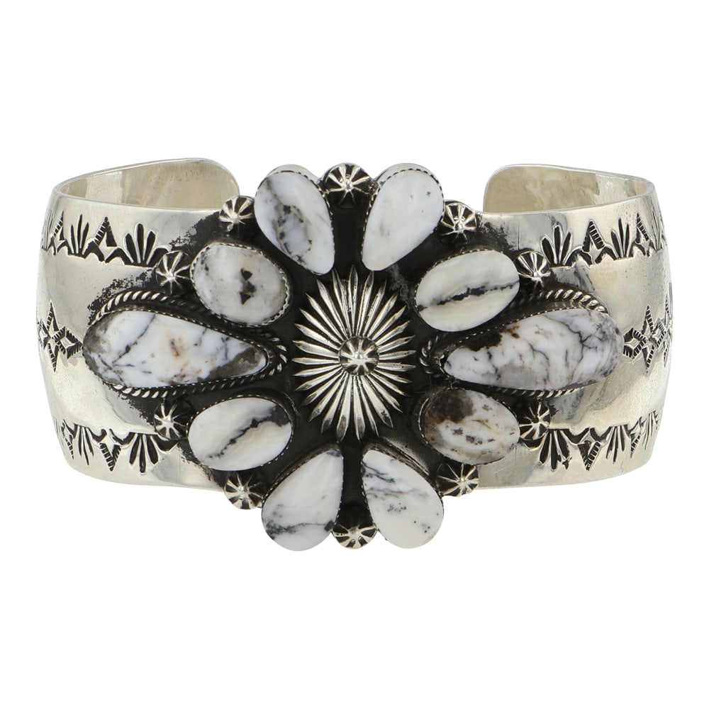 RB Navajo White Buffalo Cluster Bracelet: Sterling Silver | Genuine White Buffalo | RB Navajo White Buffalo Cluster Bracelet | Navajo Native American Southwest Indian Jewelry | Good (no breaks or damages) | Approximate Weight: 60 Grams | Brac