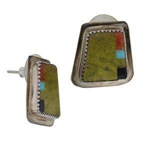 Santo Domingo Turquoise Spiny Oyster Acoma Jet & Serpentine Earrings