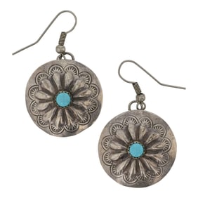 Vintage Navajo Kingman Turquoise Concho Stamp Earrings