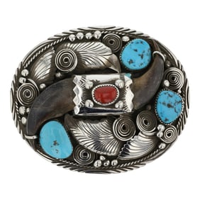 Gilbert Adakai Navajo Turquoise & Coral Bear Claw Belt Buckle