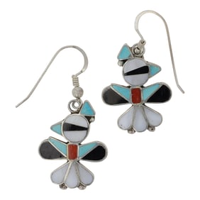 Zuni Turquoise Coral & Mother of Pearl Inlay Earrings