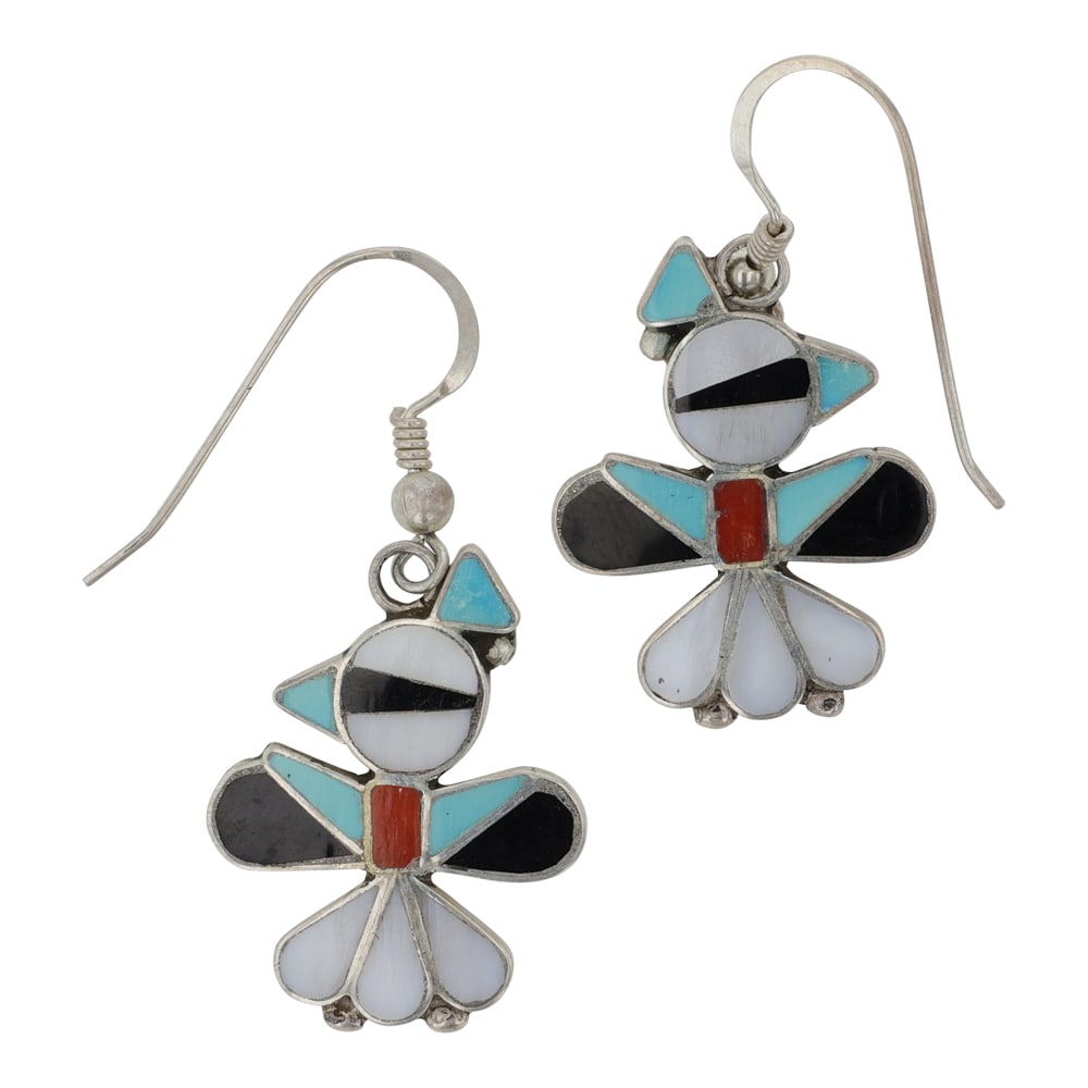 Zuni Turquoise Coral & Mother of Pearl Inlay Earrings: Sterling Silver | Genuine Turquoise, Coral & Mother of Pearl | Zuni Turquoise Coral & Mother of Pearl Inlay Earrings | Zuni Native American Southwest Indian Jewelry | Good (no breaks or damages) | App
