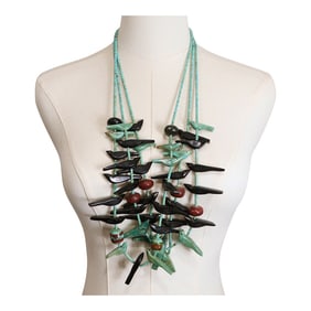 Vintage Zuni Turquoise Acoma Jet & Jasper Bird Fetish Necklace