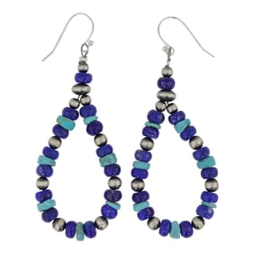 Navajo Lapis Turquoise & Oxidized Beads Hoop Earrings