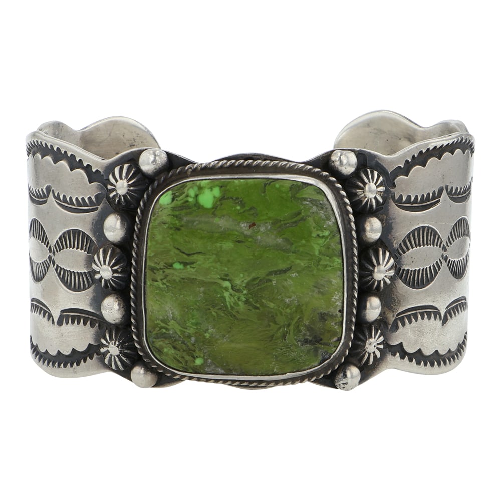 Chimney Butte Gaspeite Stamp-Work Bracelet: Sterling Silver | Genuine Gaspeite | Chimney Butte Gaspeite Stamp-Work Bracelet | Navajo Native American Southwest Indian Jewelry | Good (no breaks or damages) | Approximate Weight: 72 Grams | Bracele