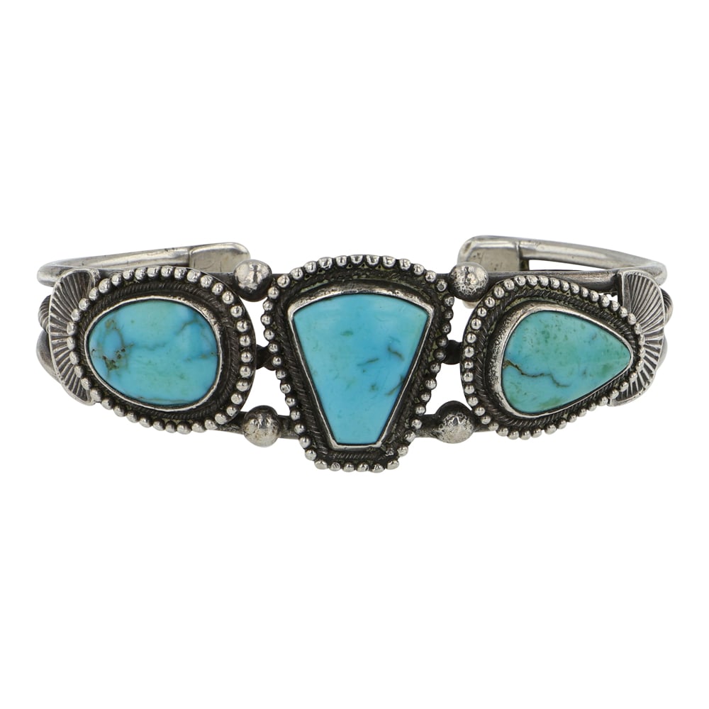 Navajo Blue Ridge Turquoise Three Stone Cuff Bracelet (1 of 3)