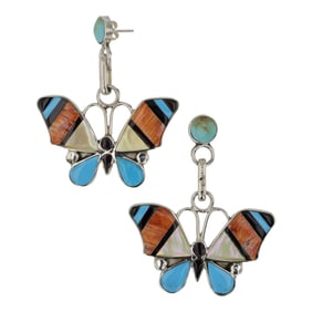 Zuni Turquoise Spiny Oyster & Shell Inlay Butterfly Earrings