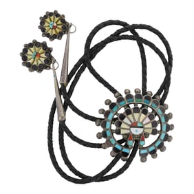 Vintage Zuni Turquoise Coral Acoma Jet & Shell Inlay Bolo Tie