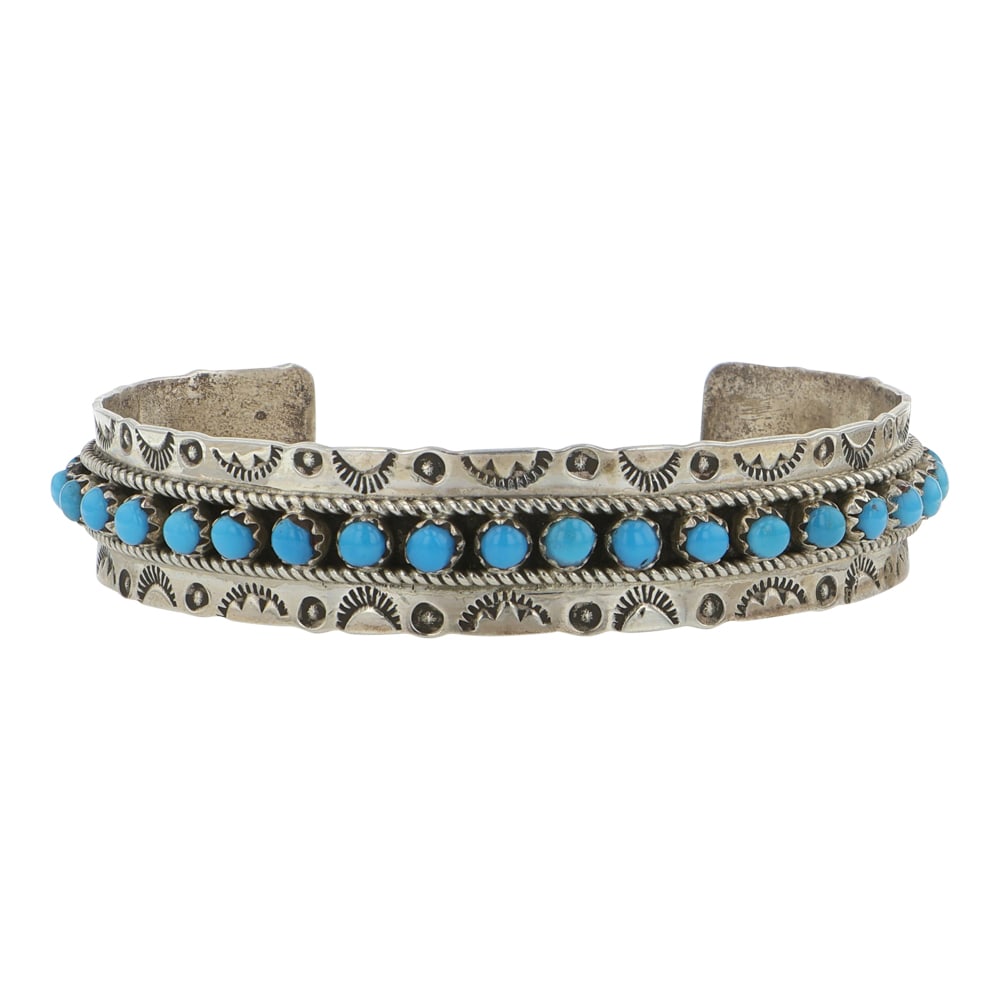 Jason & Pearl Ukestine Zuni Kingman Turquoise Row Bracelet: Sterling Silver | Genuine Kingman Turquoise | Jason & Pearl Ukestine Zuni Kingman Turquoise Row Bracelet | Zuni Native American Southwest Indian Jewelry | Good (no breaks or damages) | Approximate Wei