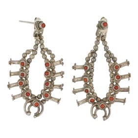 Vintage Navajo Mediterranean Coral Squash Blossom Earrings