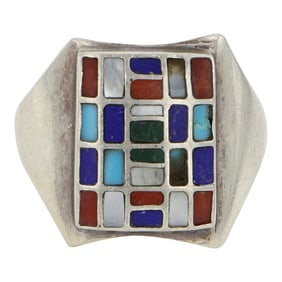 Navajo Turquoise Coral Malachite Lapis & Mother of Pearl Inlay Ring