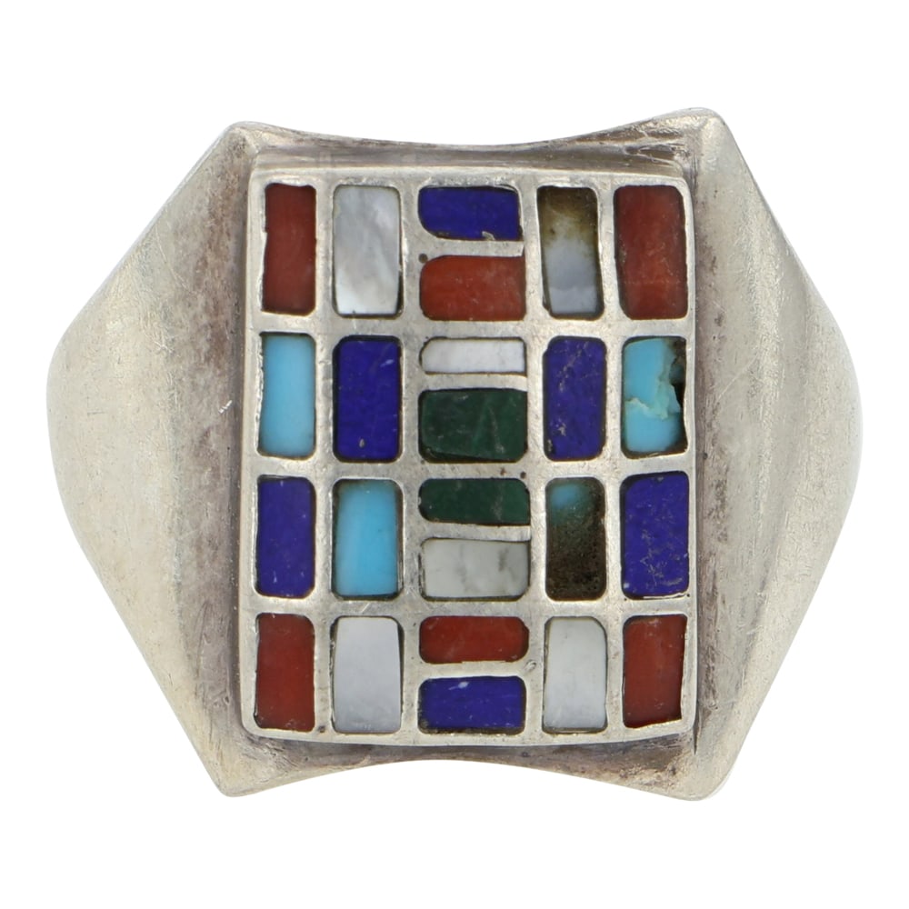 Navajo Turquoise Coral Malachite Lapis & Mother of Pearl Inlay Ring (1 of 3)