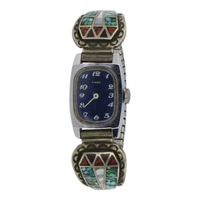 Vintage Navajo Turquoise & Coral Chip Inlay Watch Bracelet