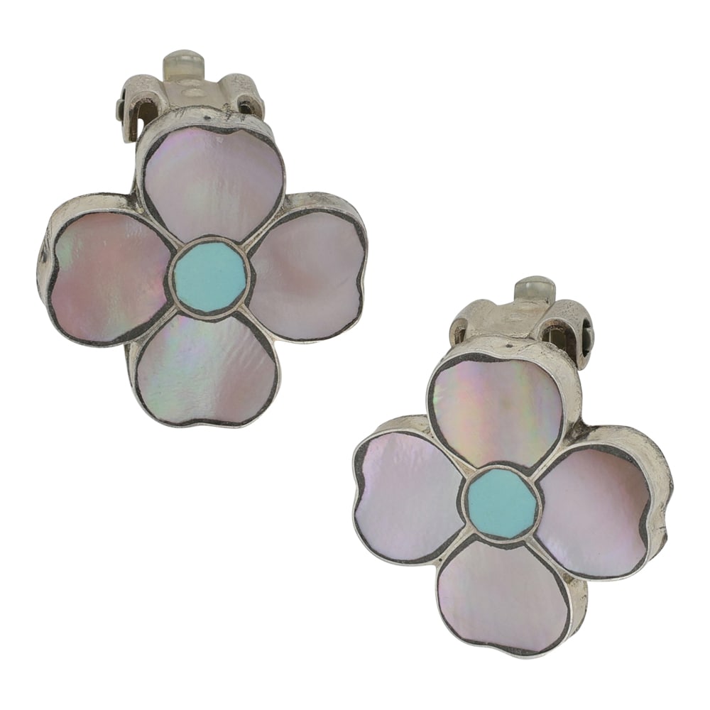 Vintage Zuni Turquoise & Mother of Pearl Inlay Clip-on Earrings: Sterling Silver | Genuine Turquoise & Mother of Pearl | Vintage Zuni Turquoise & Mother of Pearl Inlay Clip-on Earrings | Zuni Native American Southwest Indian Jewelry | Good (no breaks or damages) |