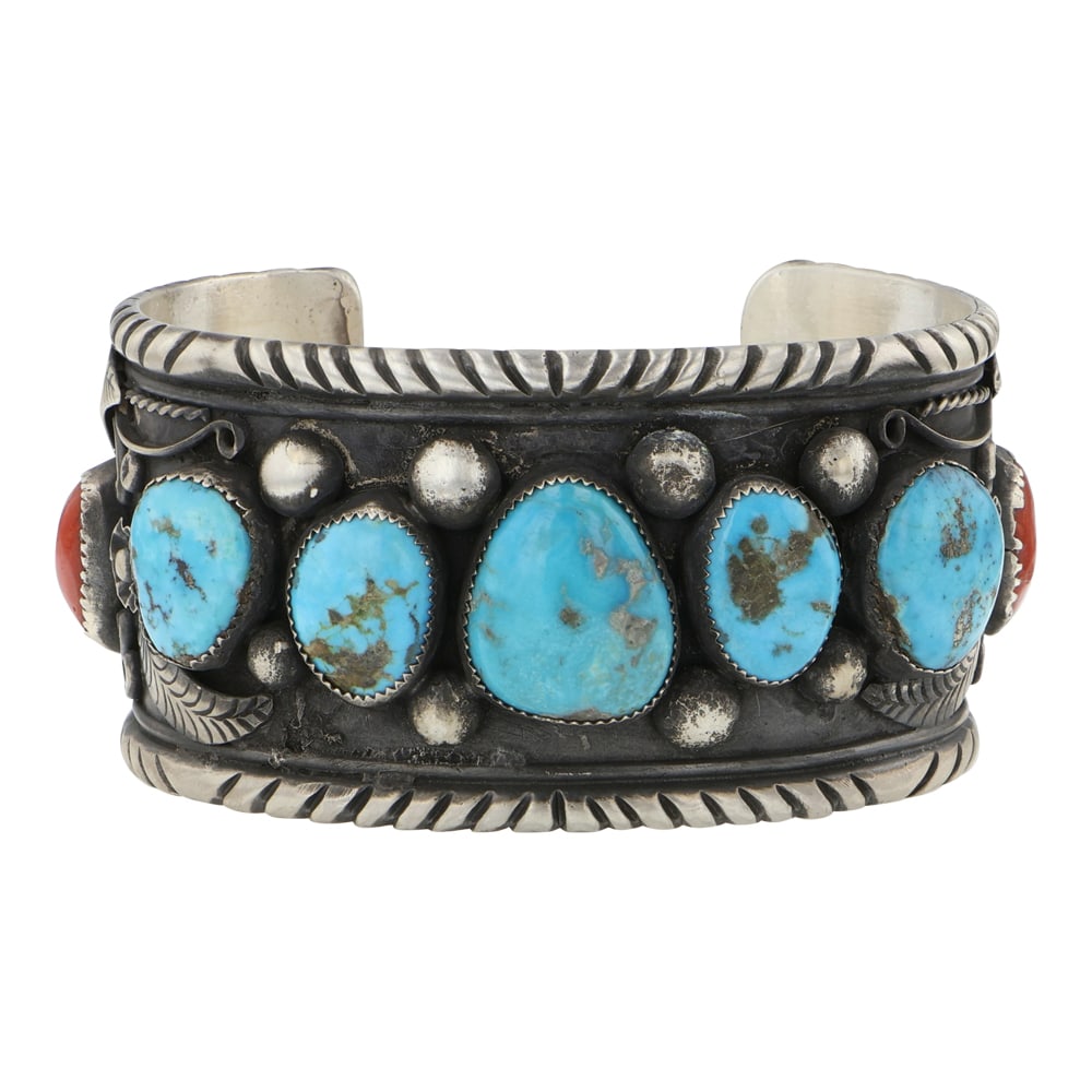 Vintage Navajo Turquoise & Coral Large Cuff Bracelet: Sterling Silver | Genuine Turquoise & Coral | Vintage Navajo Turquoise & Coral Large Cuff Bracelet | Navajo Native American Southwest Indian Jewelry | Good (no breaks or damages) | Approximate Weight: