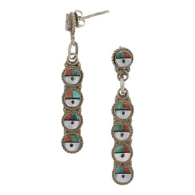 Vintage Zuni Turquoise Coral Acoma Jet & Mother of Pearl Inlay Earrings