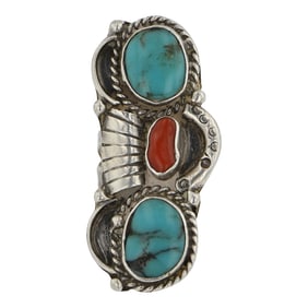 Vintage Navajo Turquoise & Coral Three Stone Ring