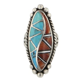 Vintage Navajo Spiny Oyster & Turquoise Inlay Ring