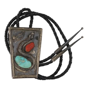 Vintage Zuni Turquoise & Coral Snake Bolo Tie
