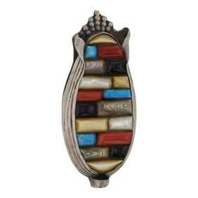 Vintage Navajo Tuqruoise Coral MoP Acoma Jet & Shell Cobblestone Inlay Corn Pin