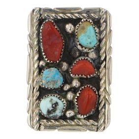 Navajo Turquoise & Coral Adjustable Ring