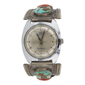 Vintage Navajo Turquoise & Coral Watch Bracelet