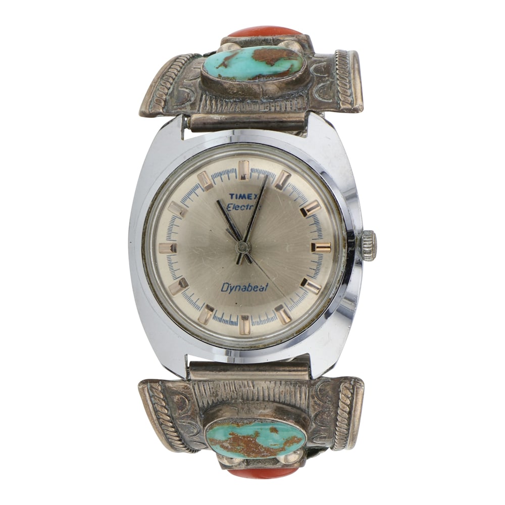 Vintage Navajo Turquoise & Coral Watch Bracelet: Sterling Silver | Genuine Turquoise & Coral | Vintage Navajo Turquoise & Coral Watch Bracelet | Navajo Native American Southwest Indian Jewelry | Good (no breaks or damages) | Approximate Weight: 70 G