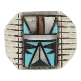 Zuni Turquoise Acoma Jet Mother of Pearl & Shell Inlay Ring