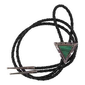 Vintage Navajo Malachite Double Stack Saw Work Triangle Bolo Tie