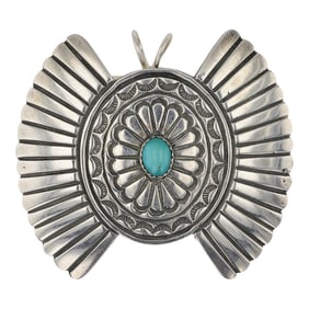 Navajo Fox Turquoise Stamp Work Pin/ Pendant