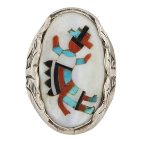 Vintage Zuni Turquoise Coral Acoma Jet & Mother of Pearl Inlay Ring
